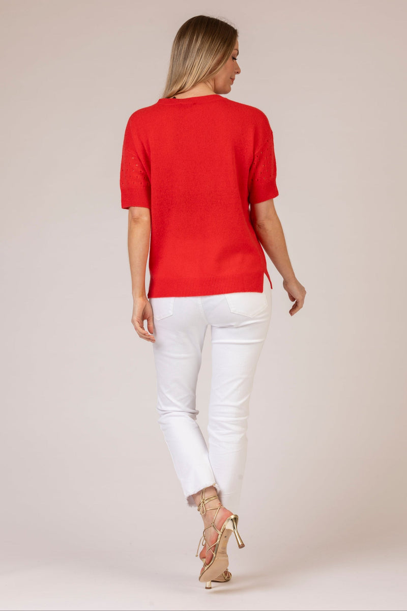 Pointelle Short Sleeve Cashmere Jumper in Red | Esthēme Cachemire