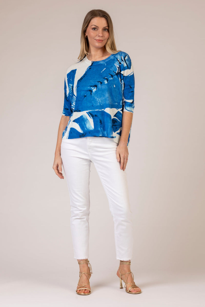 Round Neck Blue Leaf Jumper | Esthēme Cachemire