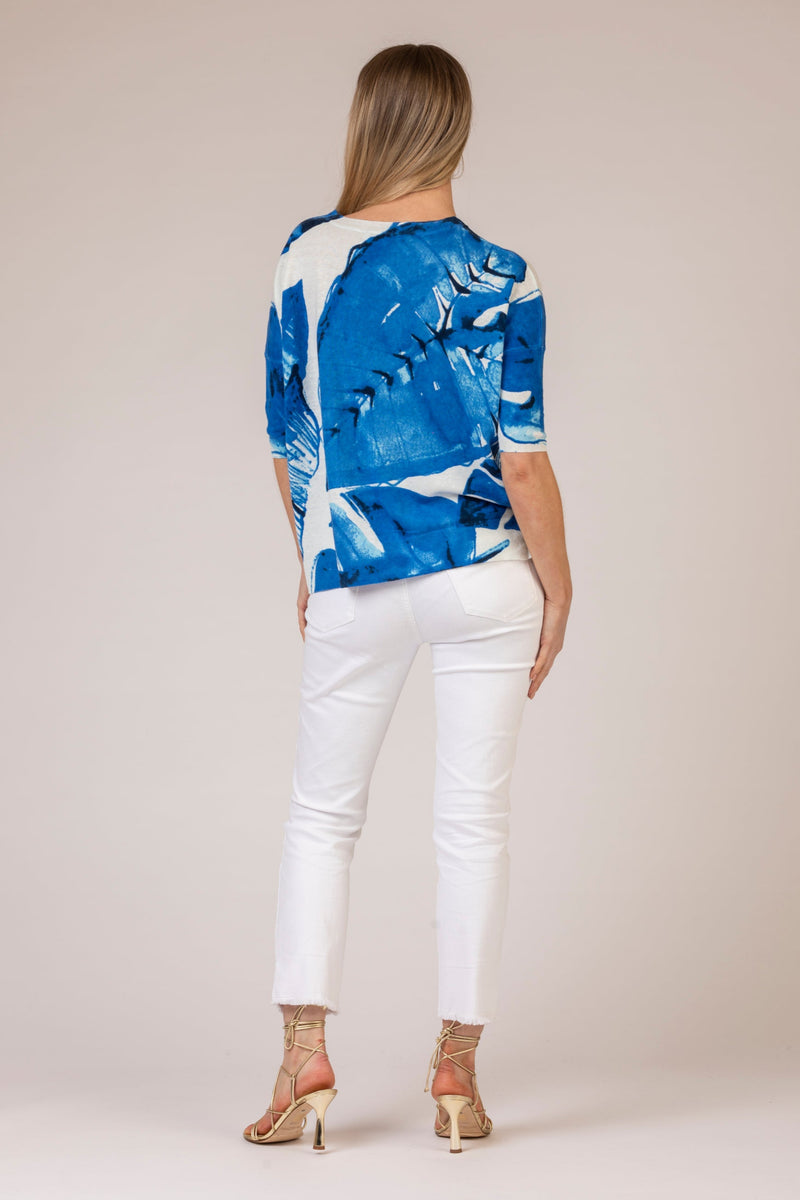 Round Neck Blue Leaf Jumper | Esthēme Cachemire