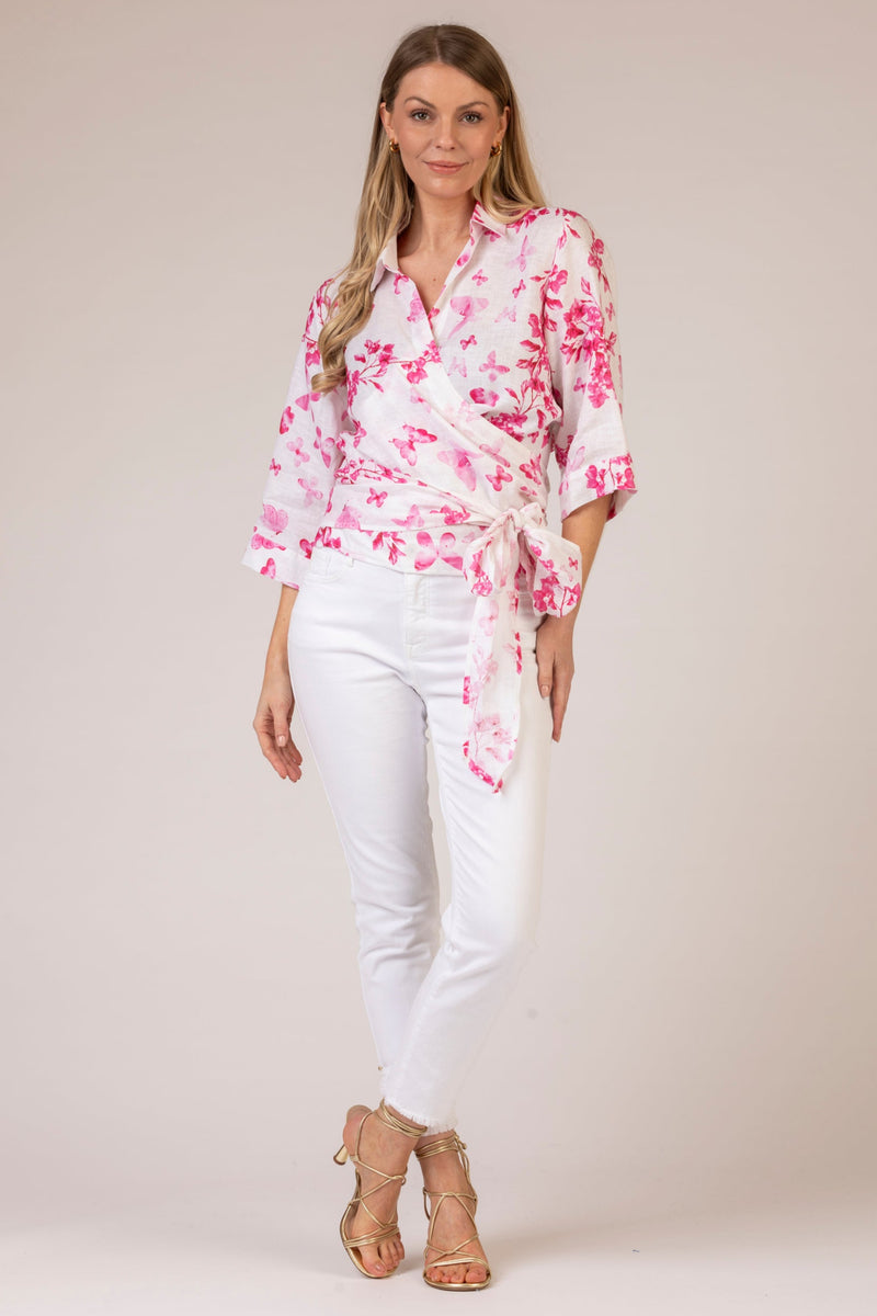 The Pink Butterfly Linen Wrap Shirt | Sartoria Saracena