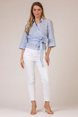 The Blue Broderie Anglaise Linen Wrap Shirt | Sartoria Saracena