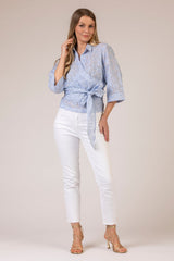 The Blue Broderie Anglaise Linen Wrap Shirt | Sartoria Saracena