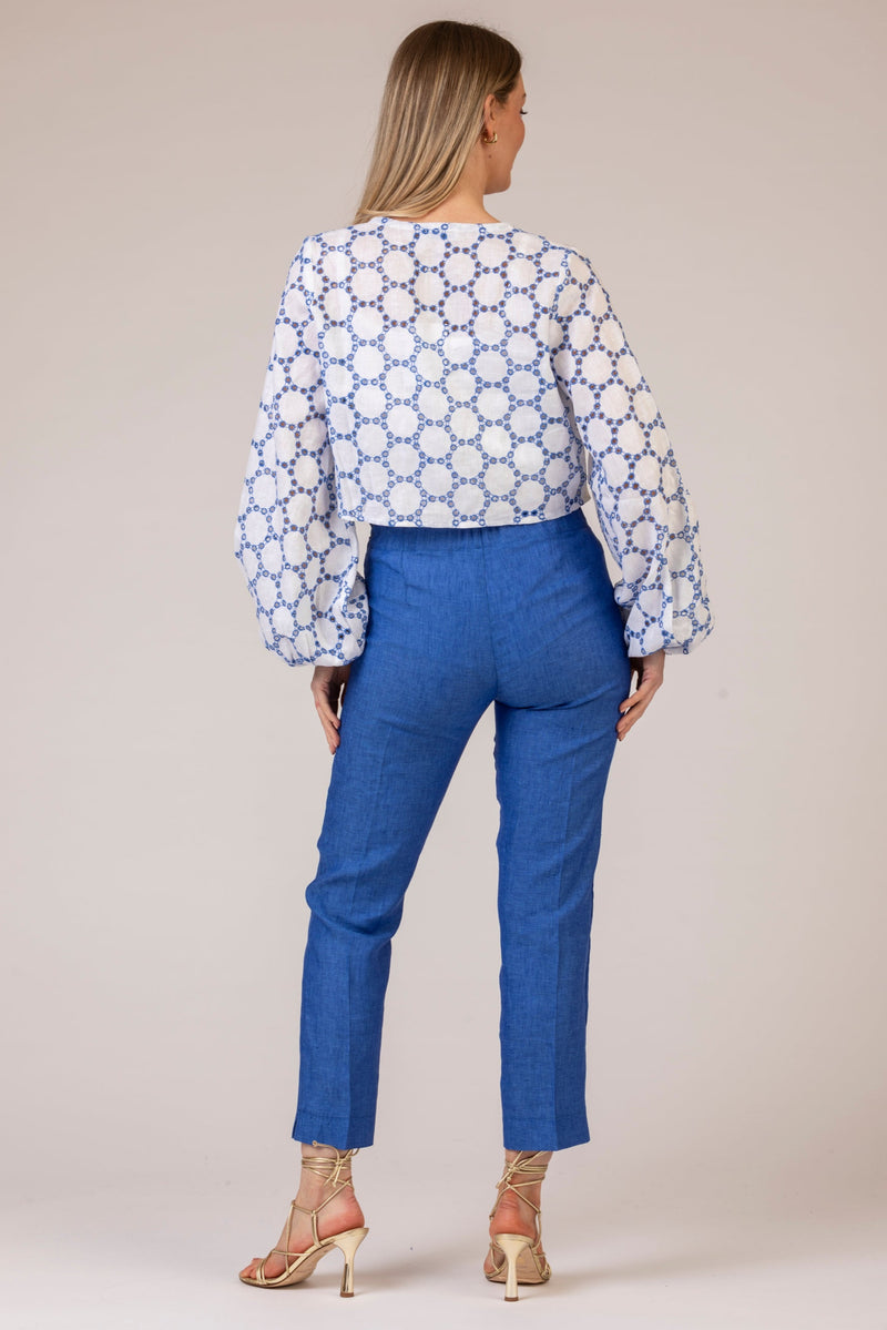 The Blue and White Broderie Anglaise Linen Bolero | Sartoria Saracena