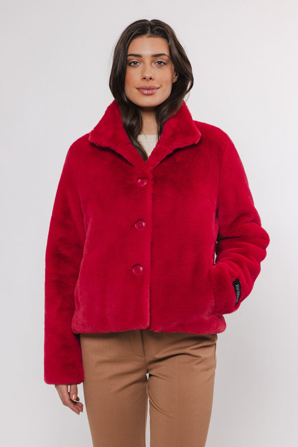 Vie Single Breasted Faux Fur Jacket in Red Berry | Rino & Pelle