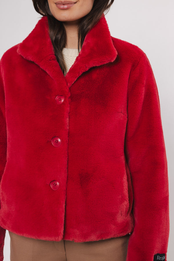 Vie Single Breasted Faux Fur Jacket in Red Berry | Rino & Pelle