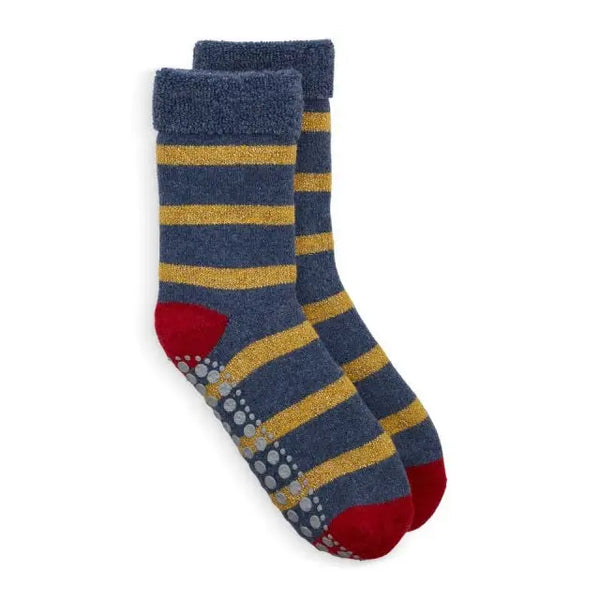 Gold and Blue Glitter Stripe Slipper Socks | Somerville