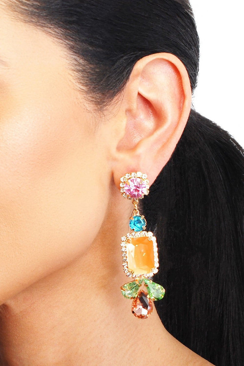 Gold Plating Post Earring Multicolour Glass Stone Drop