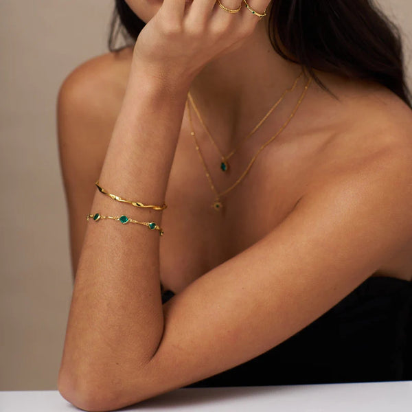 18k Gold Plated Emerald & Bar Link Chain Bracelet | Orelia Jewellery