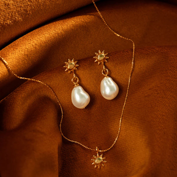18k Gold Plated Mini Molten Sun & Pearl Drop Earrings | Orelia Jewellery