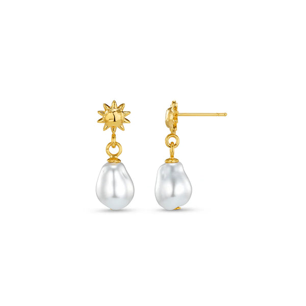 18k Gold Plated Mini Molten Sun & Pearl Drop Earrings | Orelia Jewellery