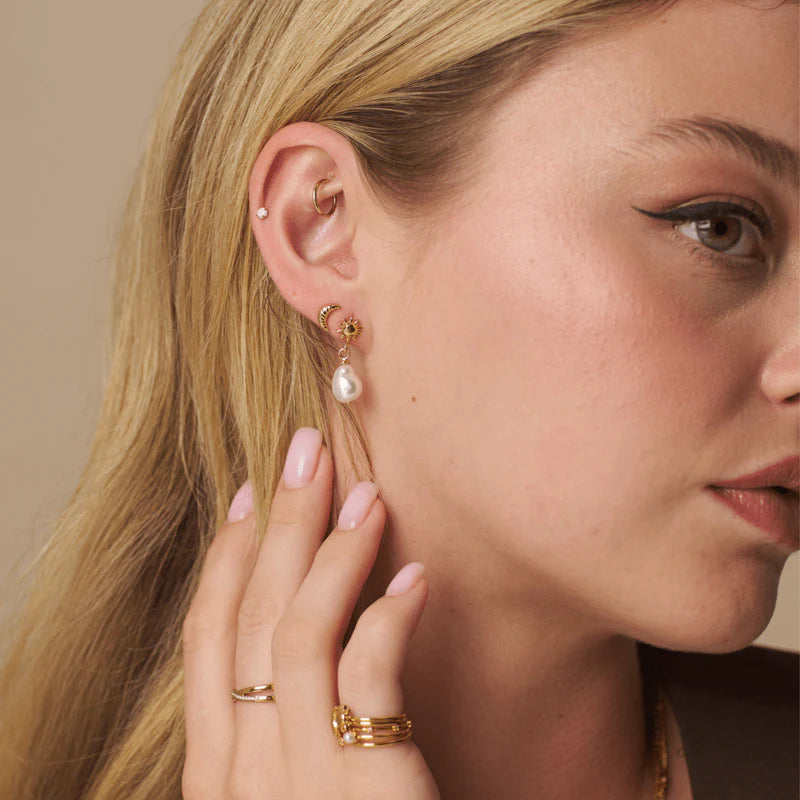 18k Gold Plated Mini Molten Sun & Pearl Drop Earrings | Orelia Jewellery