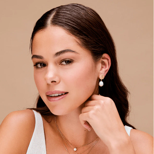 18k Gold Plated Shell & Pearl Drop Earrings | Orelia Jewellery