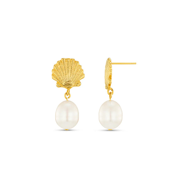 18k Gold Plated Shell & Pearl Drop Earrings | Orelia Jewellery