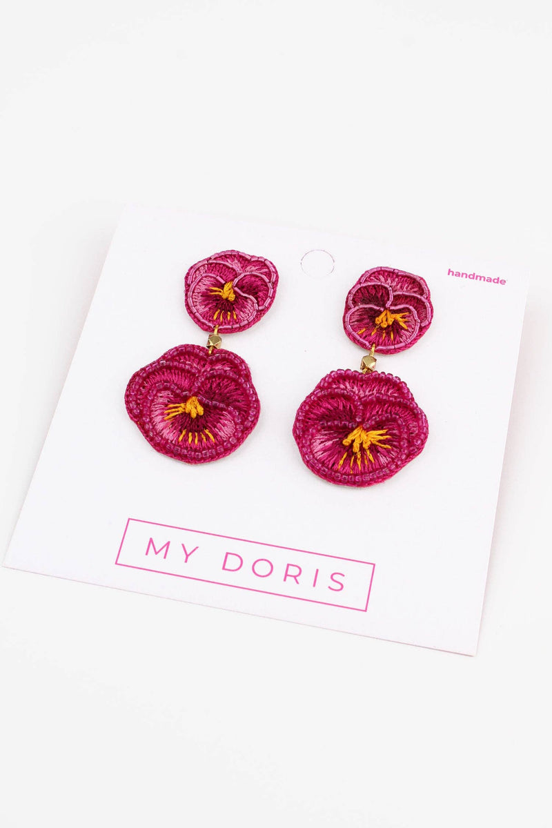 DOUBLE DARK PINK PANSY BEADED FLOWER EARRINGS