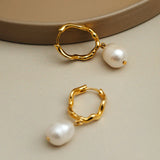 18k Gold Plated Oval Wave Pearl Drop Earrings | Orelia Jewellery