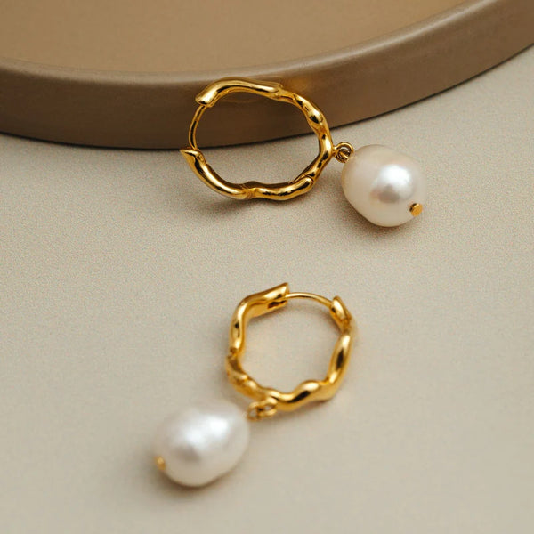 18k Gold Plated Oval Wave Pearl Drop Earrings | Orelia Jewellery
