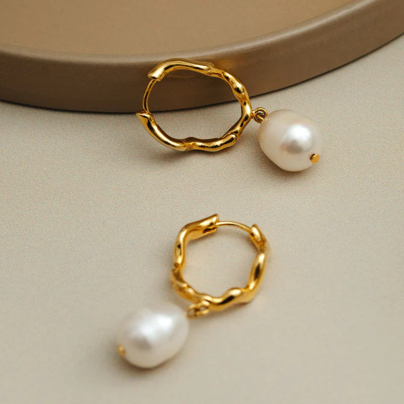 18k Gold Plated Oval Wave Pearl Drop Earrings | Orelia Jewellery