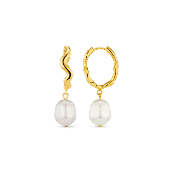 18k Gold Plated Oval Wave Pearl Drop Earrings | Orelia Jewellery