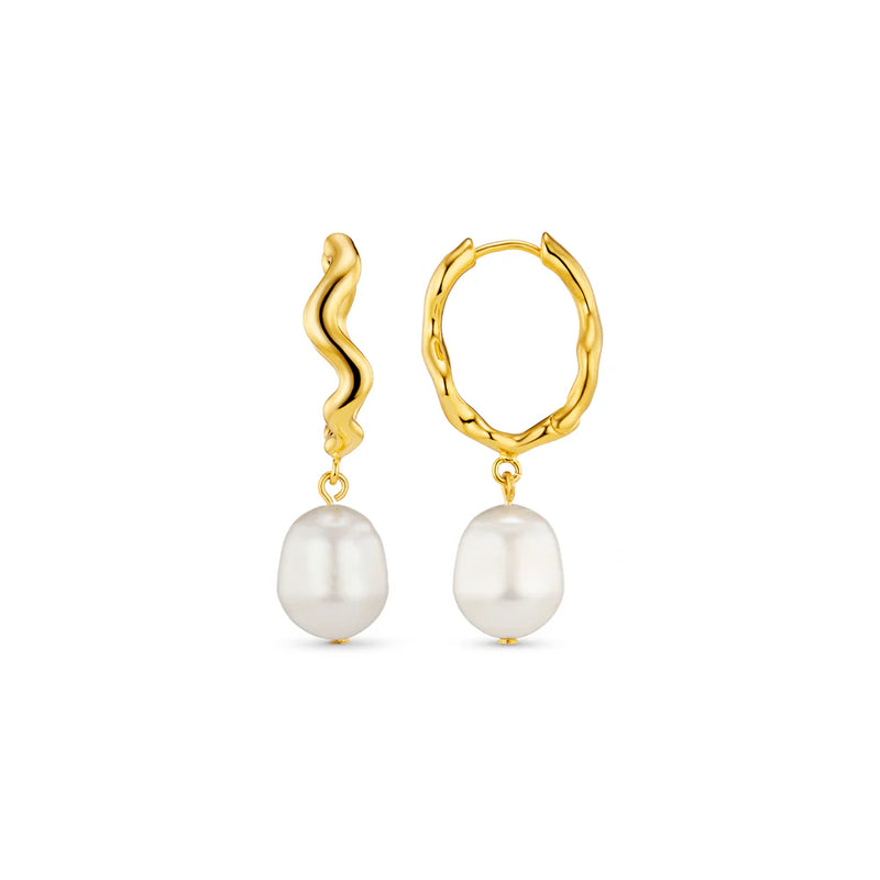 18k Gold Plated Oval Wave Pearl Drop Earrings | Orelia Jewellery