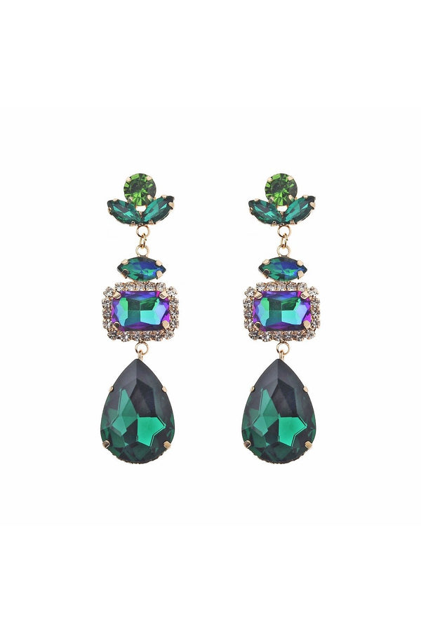 Gold Plating Earring With Green Tone Glass Stone Drop