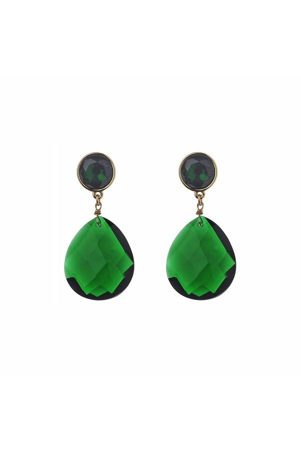 Gold Plating Post Earring With Emerald Glass Teardrop