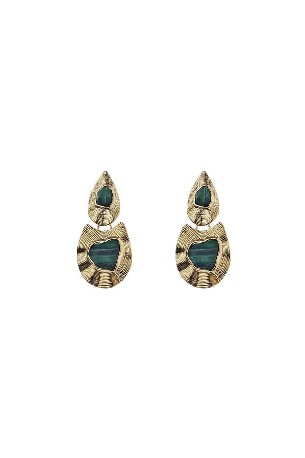 Gold Textured Post Earring With Emerald Stone