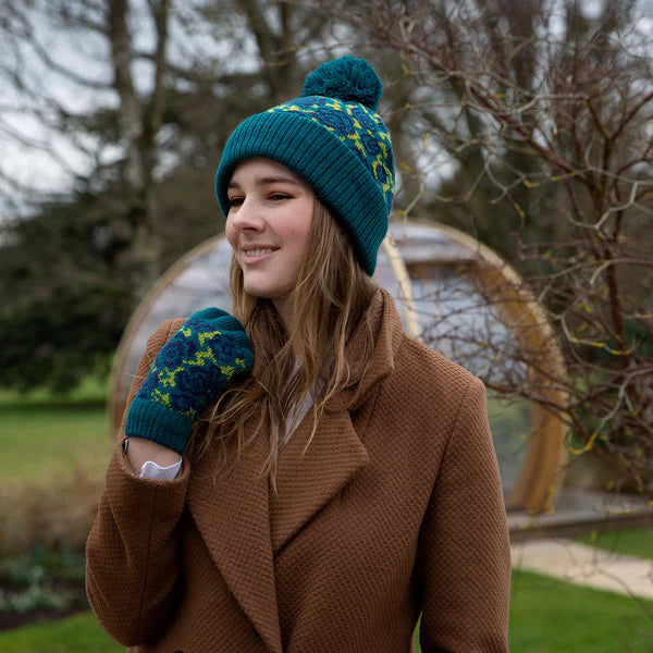 Rose Pattern Jacquard Knitted Hat | Dents at Sarah Thomson | Teal on model