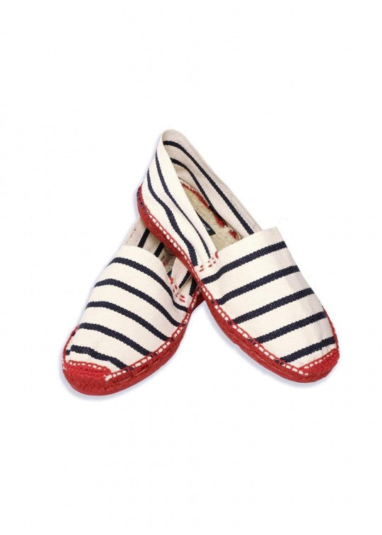 Espadrilles in Ecru and Navy Stripes with Red Contrast Sole