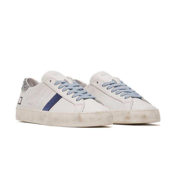 Hill Low White-Blue Glitter Calf Trainers | D.A.T.E Sneakers at Sarah Thomson | New Trends