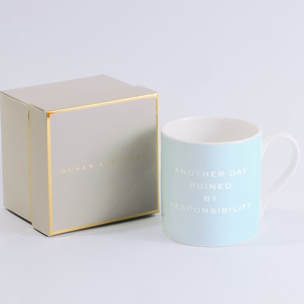 "Another day ruined by responsibility" Mug in Pink | Susan O'Hanlon | Sarah Thomson"Another day ruined by responsibility" Mug in Pink | Susan O'Hanlon