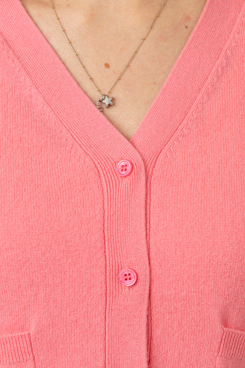 Bubble Gum Pink Bright Cashmere Cardigan | Esthēme Cachemire | Sarah Thomson | Button Details