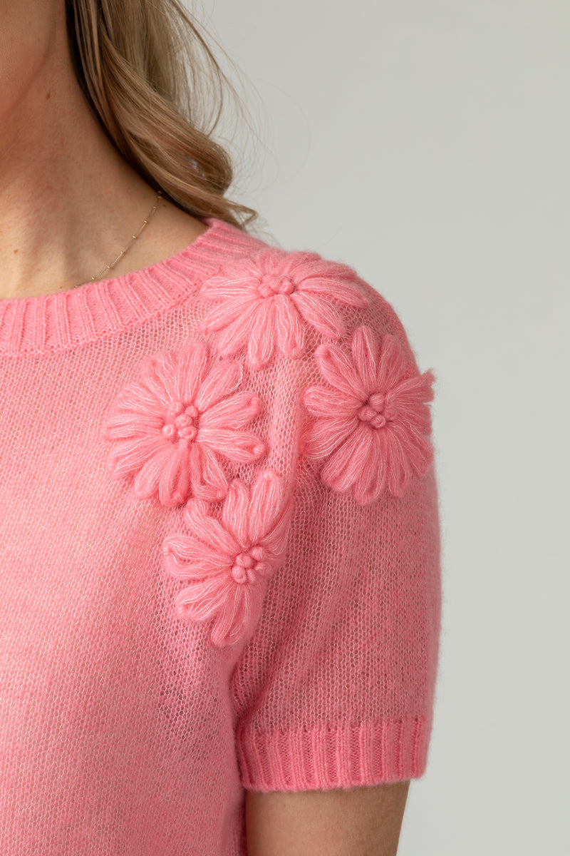 Pink Flower Embellished Short Sleeve Cashmere Jumper | Esthēme Cachemire | Sarah Thomson | Sleeve