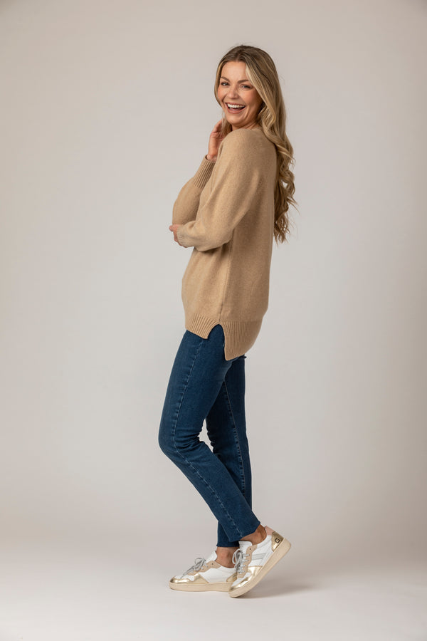 Scottish-Made V-Neck Wool Boyfriend Jumper in Camel | Sarah Thomson Knitwear | New Season Styles