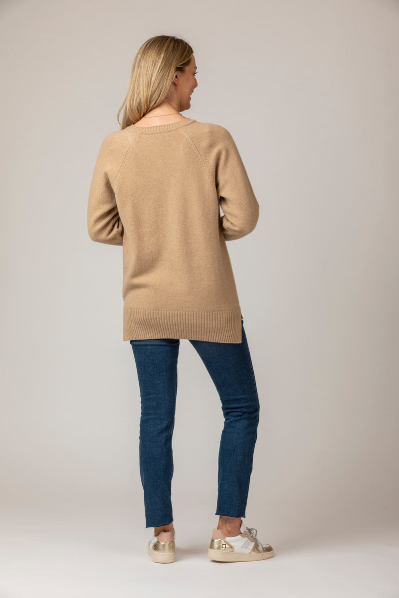 Scottish-Made V-Neck Wool Boyfriend Jumper in Camel | Sarah Thomson Knitwear | Styling Ideas