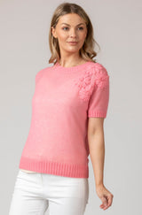 Pink Flower Embellished Short Sleeve Cashmere Jumper | Esthēme Cachemire | Sarah Thomson Melrose | Think Pink