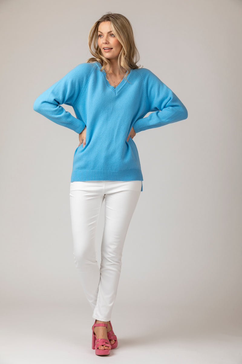 Scottish-Made V-Neck Wool Boyfriend Jumper in Blue | Sarah Thomson Knitwear | New Season Styles