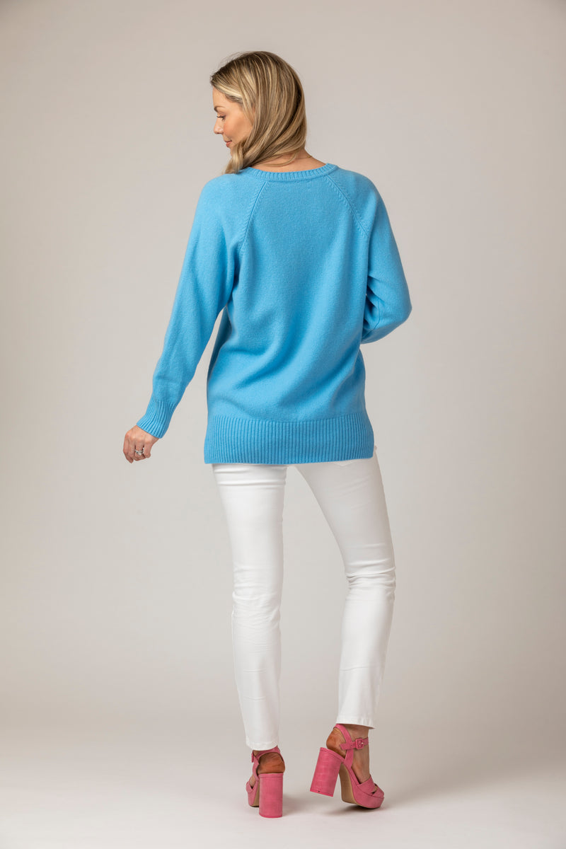 Scottish-Made V-Neck Wool Boyfriend Jumper in Blue | Sarah Thomson Knitwear