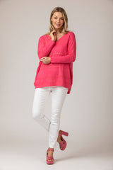 Pointelle Knit Jumper V-Neck in Bubble Gum Pink | Esthēme Cachemire | Sarah Thomson | Style with Brax White Jeans