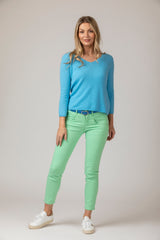 Island Sky Blue V-Neck Cashmere Jumper with 3/4 Sleeves | Esthēme Cachemire | Sarah Thomson | Stle with contrast Ana Jeans from Brax in Lime