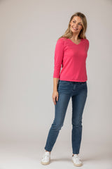 Bubble Gum Pink V-Neck Cotton Jumper with 3/4 Sleeves | Esthēme Cachemire | Sarah Thomson Melrose | New Season Knitwear
