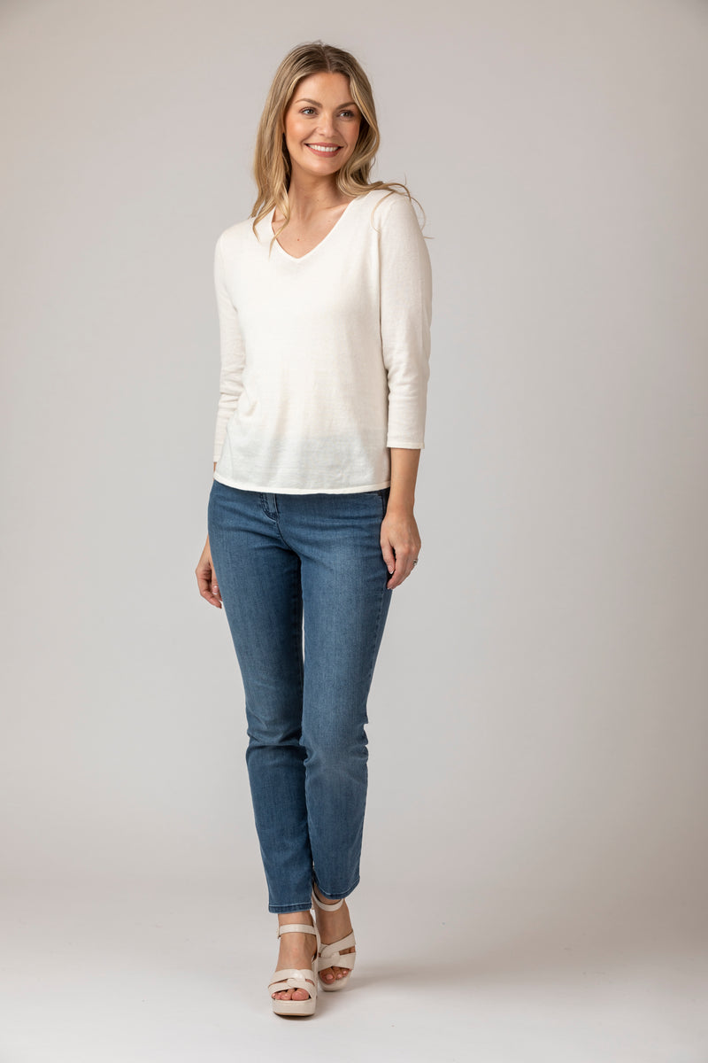 Cream V-Neck Cotton Jumper with 3/4 Sleeves | Esthēme Cachemire | Sarah Thomson Melrose | New Spring Designs
