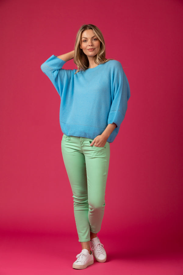 Island Blue Round Neck Cashmere Jumper | Esthēme Cachemire | Sarah Thomson Melrose | Styled with Lime Green Ana Brax Jeans