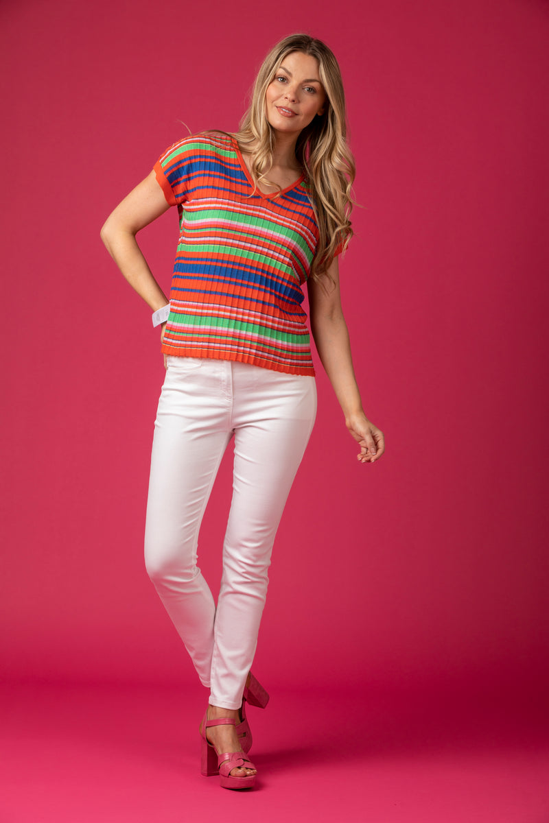 Bright Stripe Silk and Linen T-Shirt | Esthēme Cachemire | Sarah Thomson Melrose | Styled against a Pink Backdrop