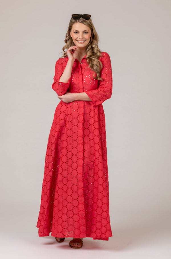 The Mamma Mia Linen Dress in Red Broderie Anglaise | Sartoria Saracena