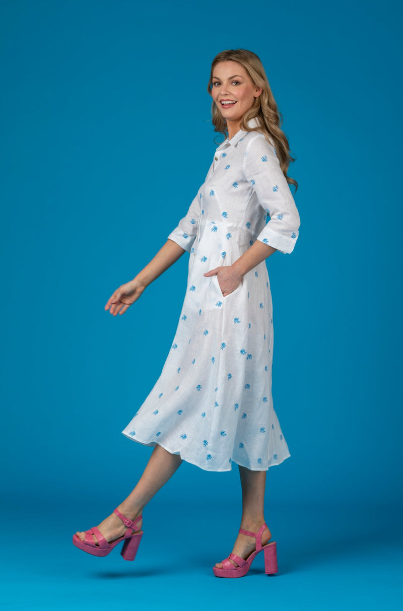  The Mamma Midi Linen Dress in White with Coral Embroidery | Sartoria Saracena