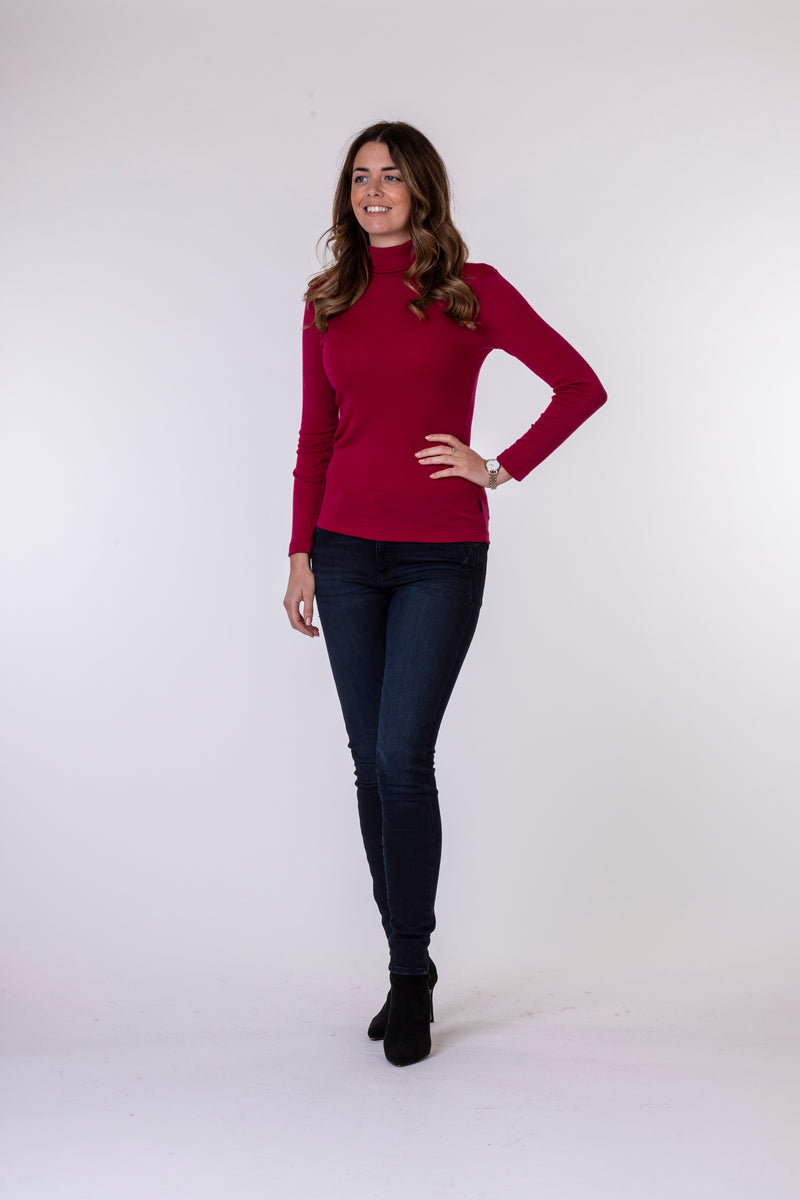 Fine Merino Wool Polo Neck Top in Red | Bay Road