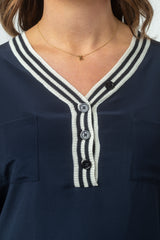 Sarah Thomson x Estheme Cachemire S/S21 - Silk and Cashmere V-Neck Blouse with Stripe - Button Details