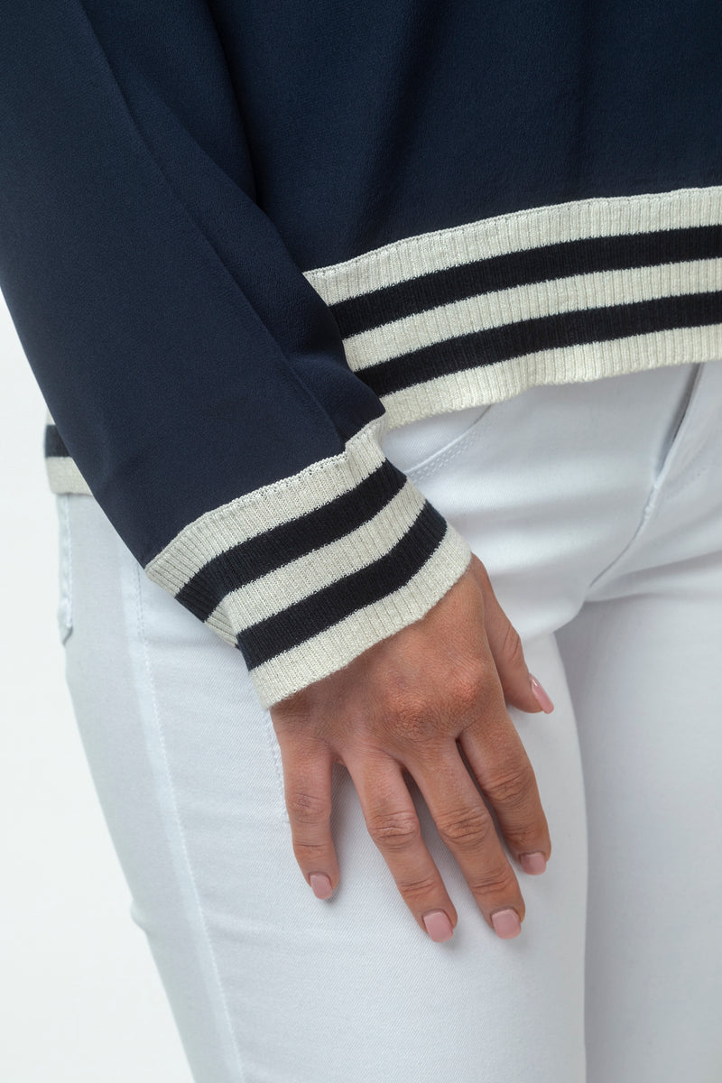 Sarah Thomson x Estheme Cachemire S/S21 - Silk and Cashmere V-Neck Blouse with Stripe - Cuff Detail