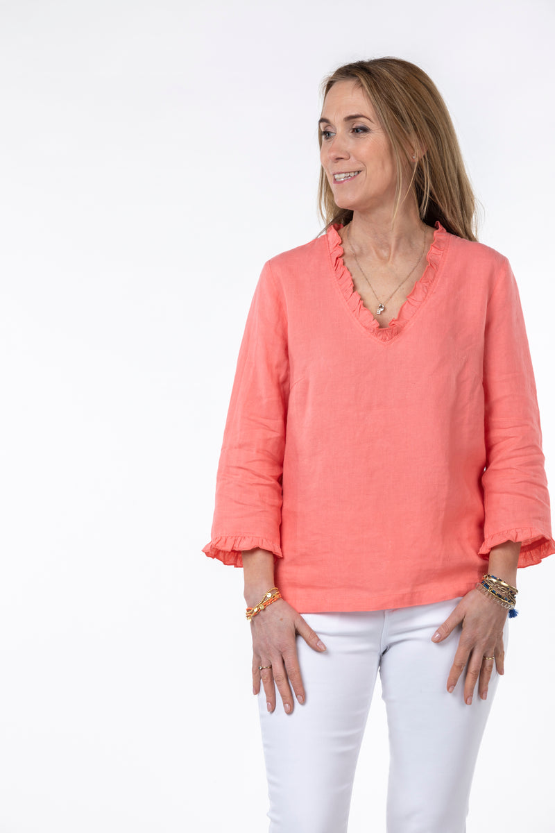 Sarah Thomson x Belluna S/S22 - Indy Ruffle Collar V-Neck Blouse in Coral