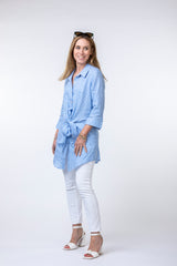 Long Blue Gingham Shirt with Tie Front - Sartoria Saracena S/S22 - Sarah Thomson Melrose